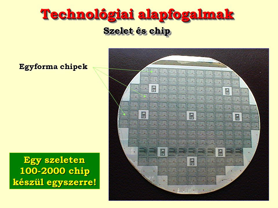 Technológiai alapfogalmak Egy szeleten chip készül egyszerre!