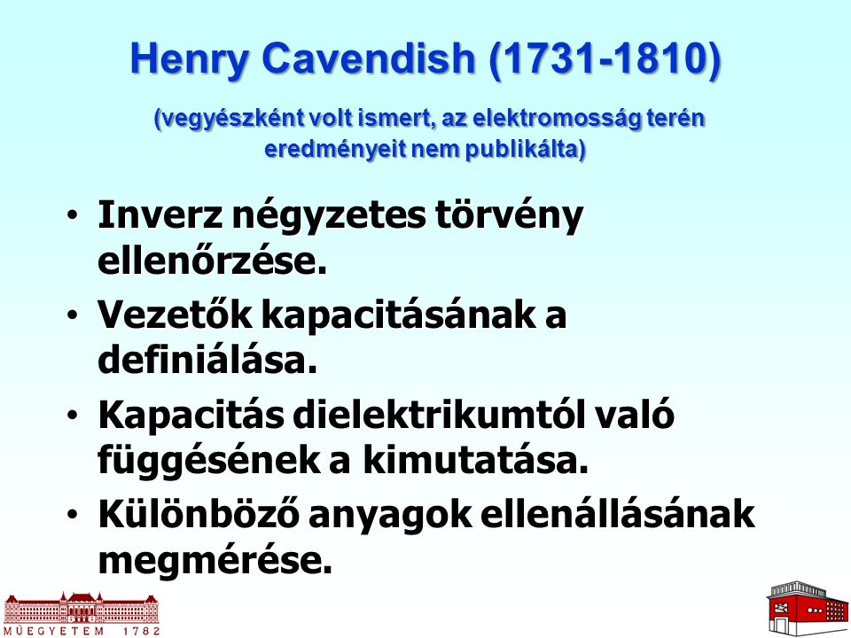 Henry Cavendish ( ) Inverz négyzetes törvény ellenőrzése.