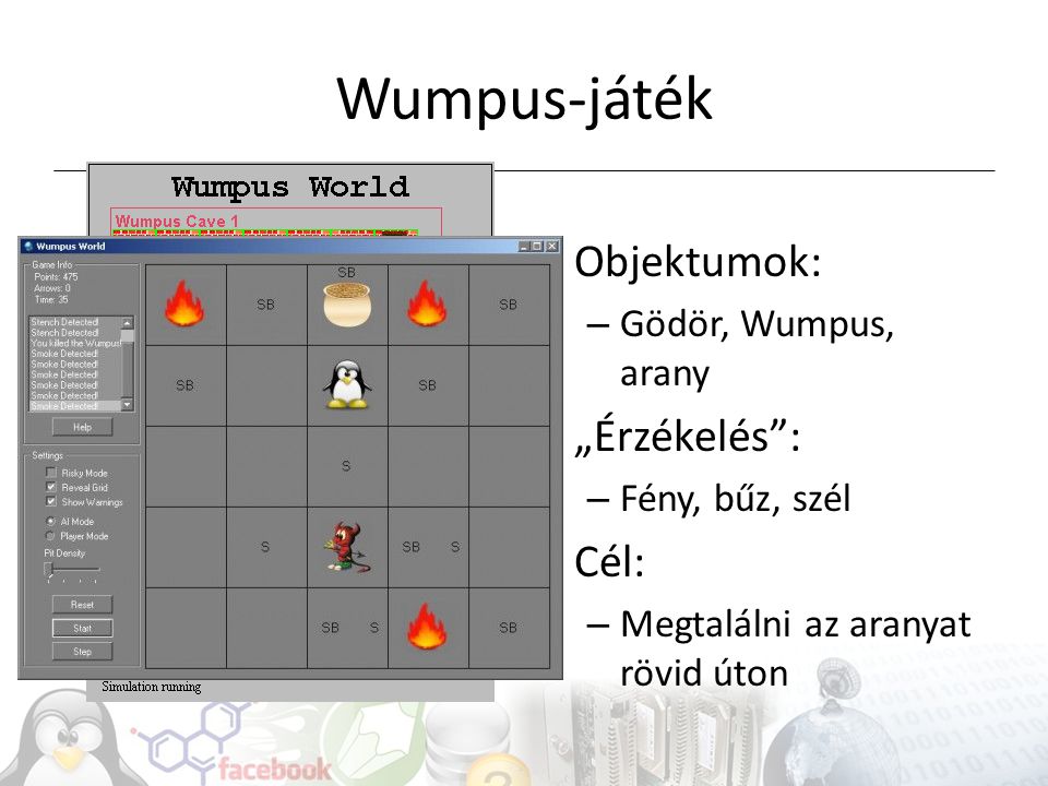 Wumpus-játék Objektumok: „Érzékelés : Cél: Gödör, Wumpus, arany