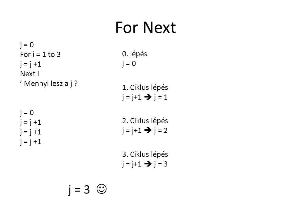 For Next j = 3  j = 0 For i = 1 to 3 j = j lépés Next i j = 0