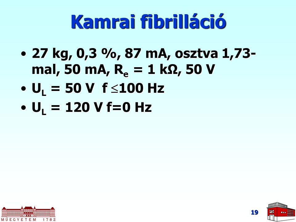 Kamrai fibrilláció 27 kg, 0,3 %, 87 mA, osztva 1,73-mal, 50 mA, Re = 1 kΩ, 50 V. UL = 50 V f 100 Hz.