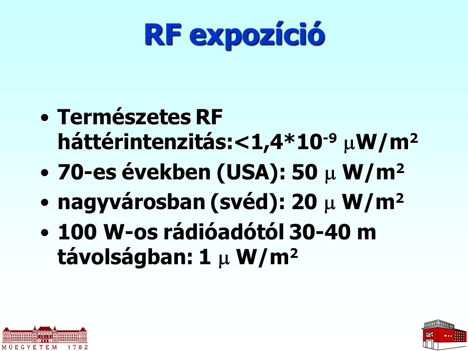 RF expozíció Természetes RF háttérintenzitás:<1,4*10-9 W/m2