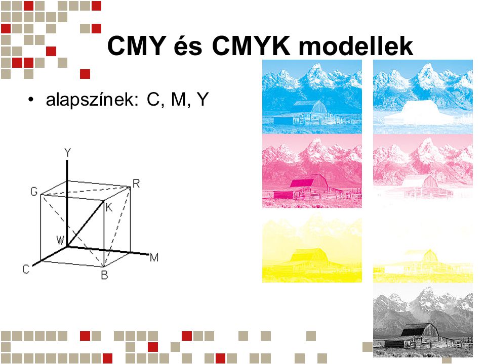 CMY és CMYK modellek alapszínek: C, M, Y