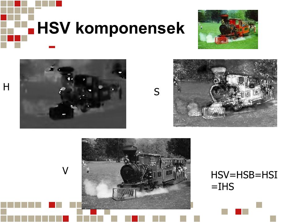 HSV komponensek H S V HSV=HSB=HSI=IHS