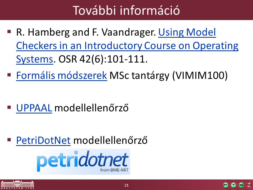 További információ R. Hamberg and F. Vaandrager. Using Model Checkers in an Introductory Course on Operating Systems. OSR 42(6):