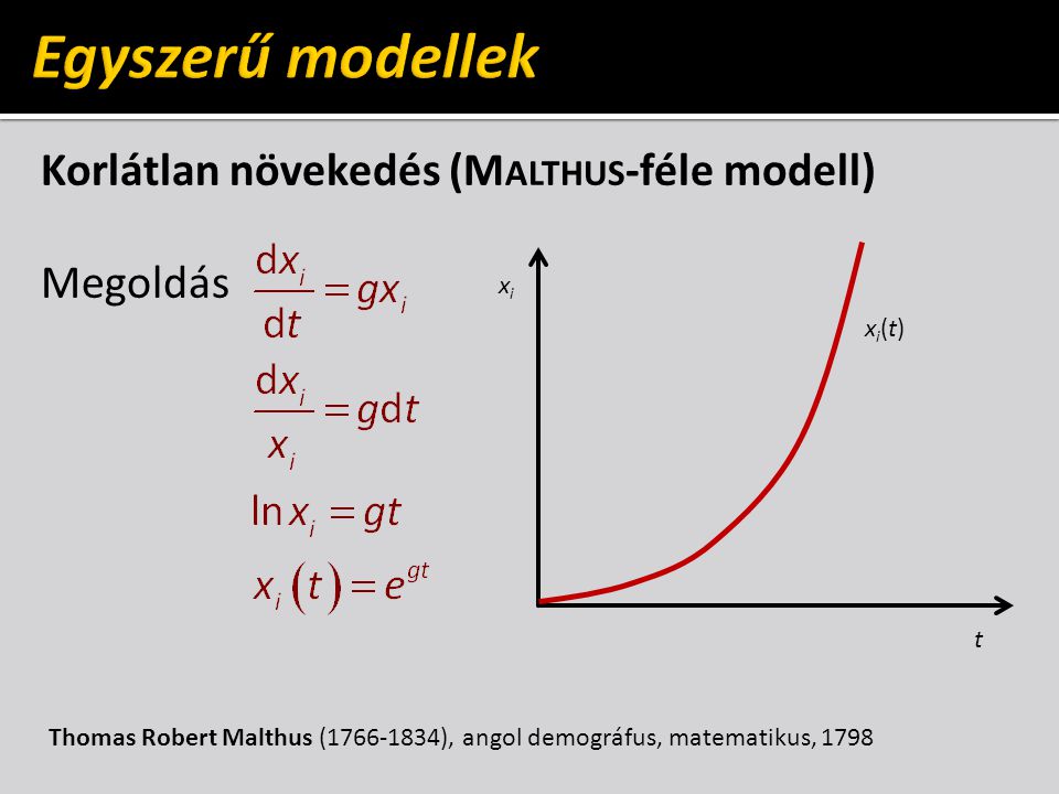 Egyszerű modellek Korlátlan növekedés (Malthus-féle modell) Megoldás