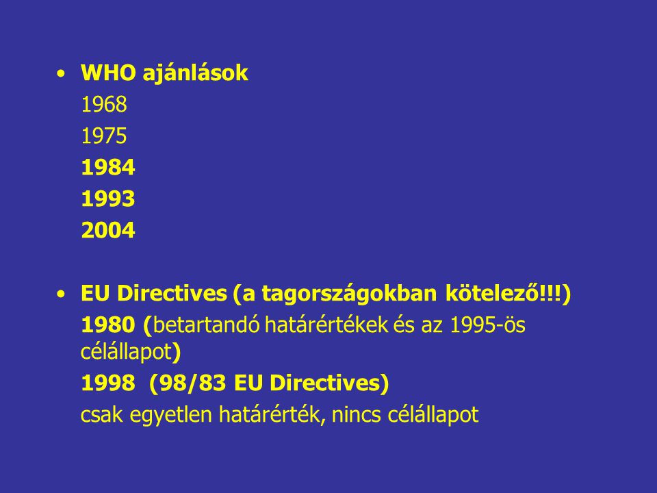 WHO ajánlások EU Directives (a tagországokban kötelező!!!)