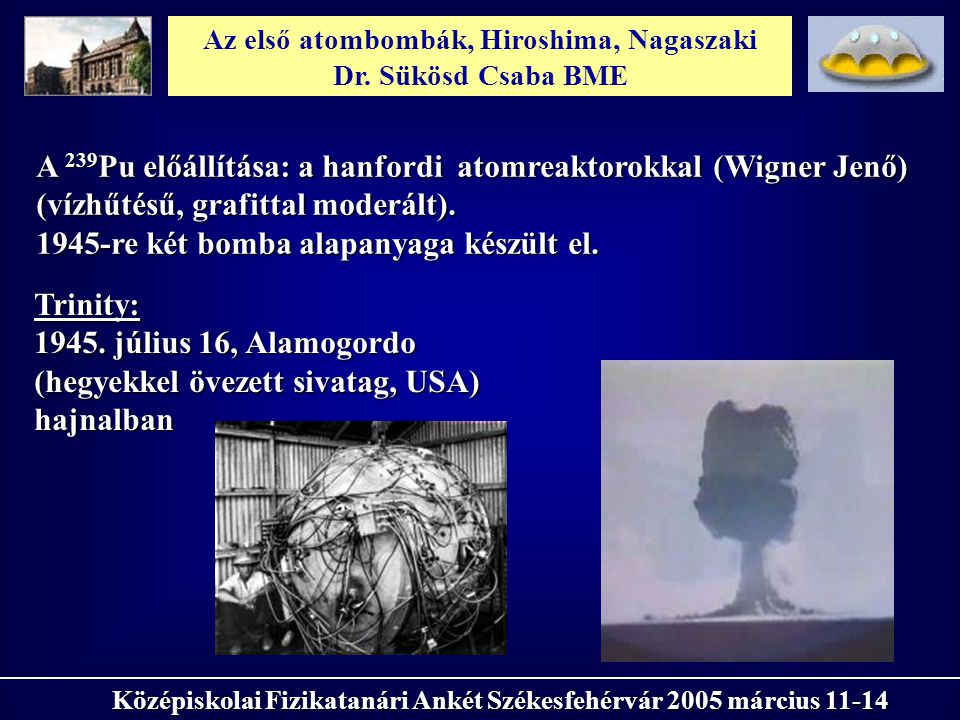 Az első atombombák, Hiroshima, Nagaszaki Dr. Sükösd Csaba BME