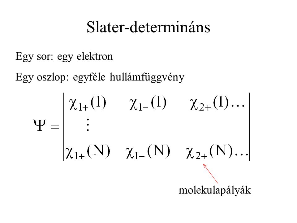 Slater-determináns Egy sor: egy elektron