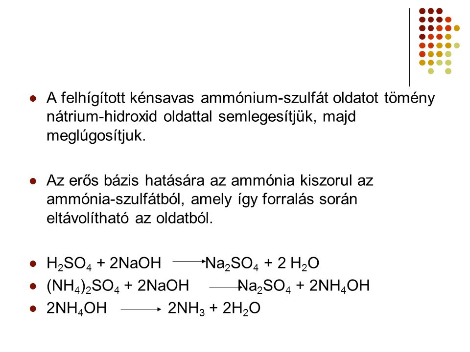 A felhígított kénsavas ammónium-szulfát oldatot tömény nátrium-hidroxid oldattal semlegesítjük, majd meglúgosítjuk.