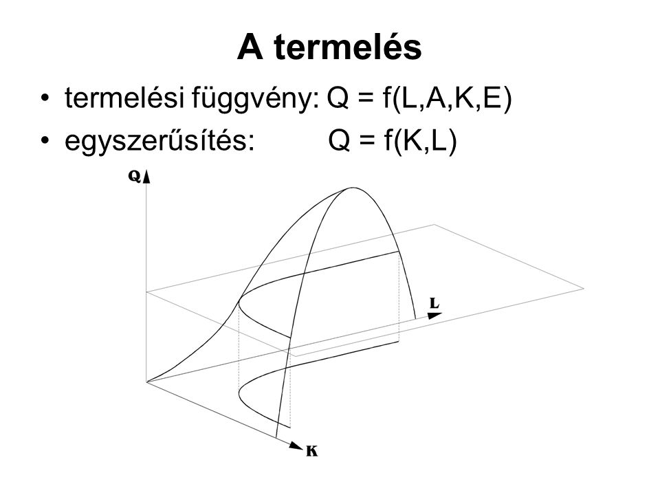 A termelés termelési függvény: Q = f(L,A,K,E)