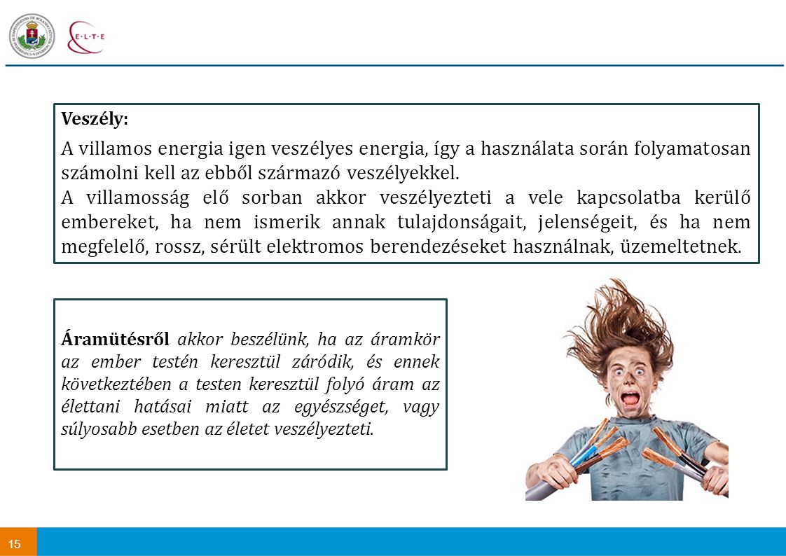 Veszély: A villamos energia igen veszélyes energia, így a használata során folyamatosan számolni kell az ebből származó veszélyekkel.