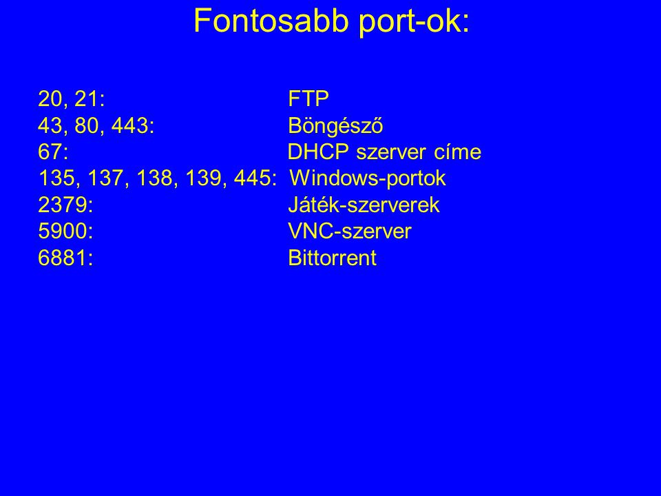 Fontosabb port-ok: 20, 21: FTP 43, 80, 443: Böngésző