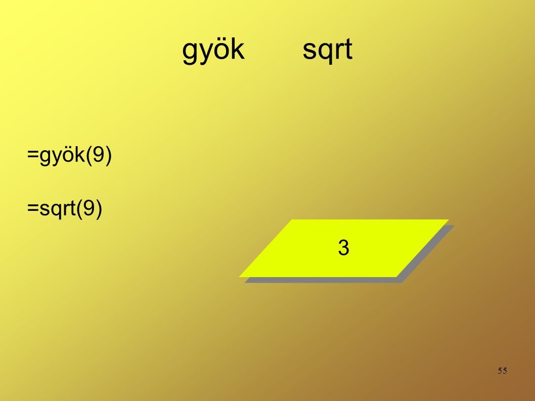 gyök sqrt =gyök(9) =sqrt(9) 3