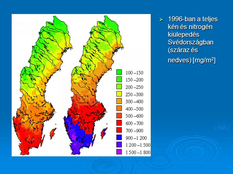 1996-ban a teljes kén és nitrogén kiülepedés Svédországban (száraz és nedves) [mg/m2]