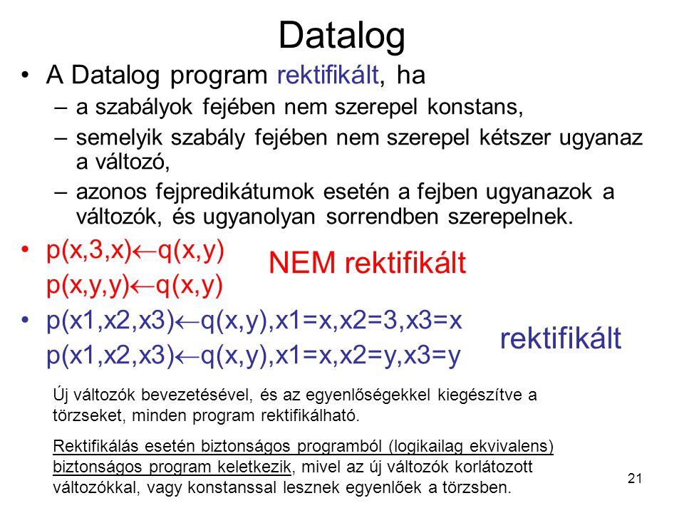 Datalog NEM rektifikált rektifikált A Datalog program rektifikált, ha