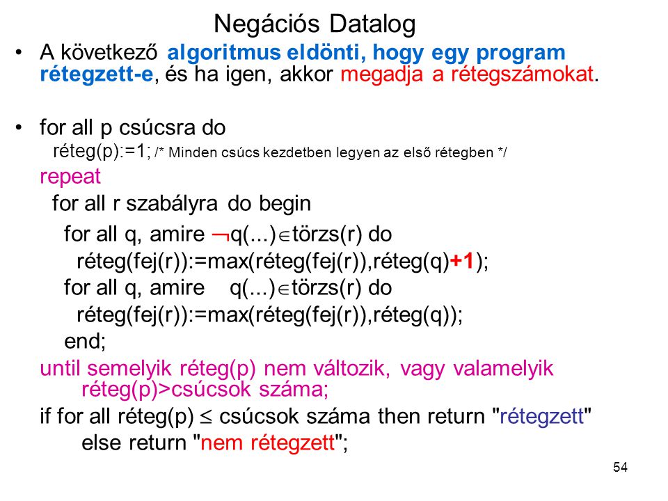 Negációs Datalog A következő algoritmus eldönti, hogy egy program rétegzett-e, és ha igen, akkor megadja a rétegszámokat.