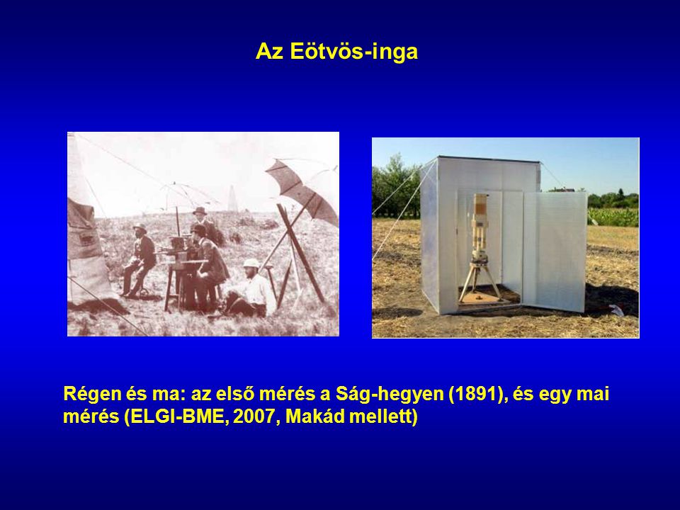 Az Eötvös-inga Régen és ma: az első mérés a Ság-hegyen (1891), és egy mai mérés (ELGI-BME, 2007, Makád mellett)‏