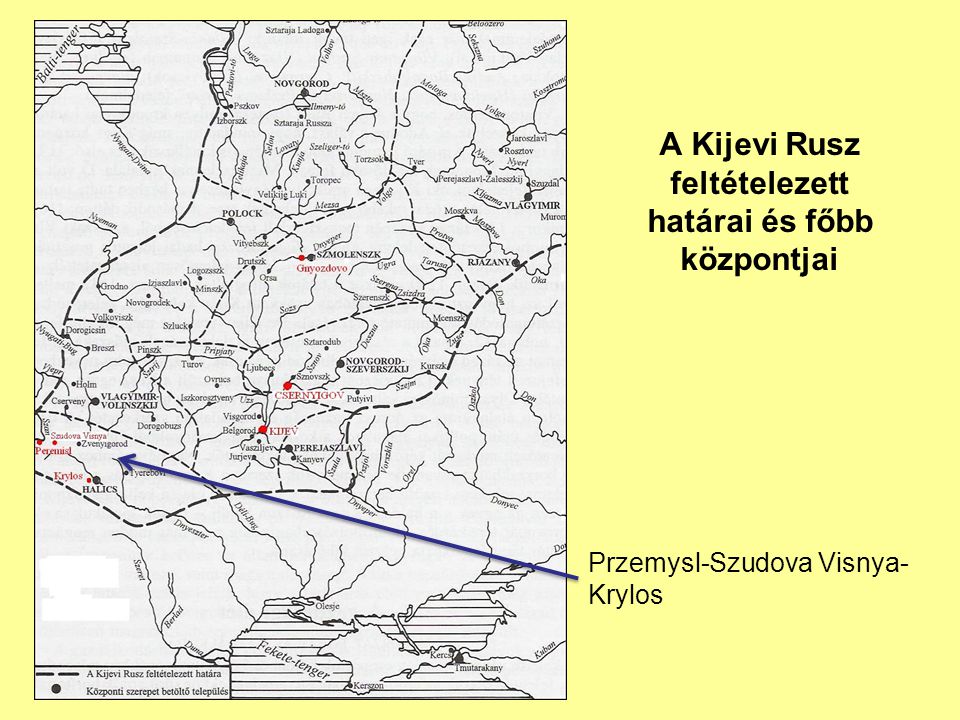 A Kijevi Rusz feltételezett határai és főbb központjai