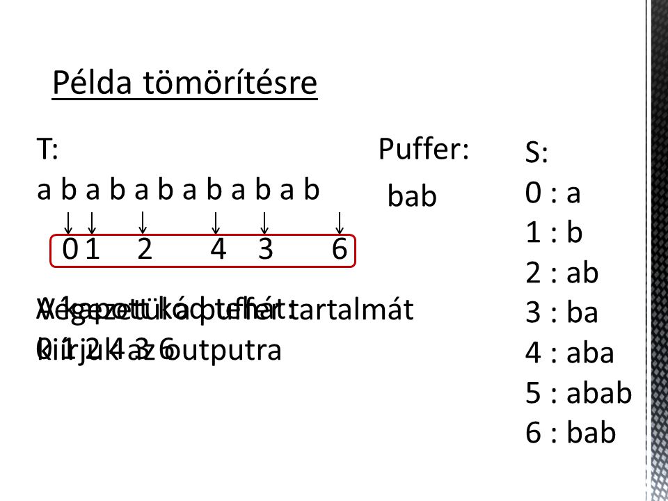 Példa tömörítésre T: a b a b a b a b a b a b Puffer: S: 0 : a 1 : b