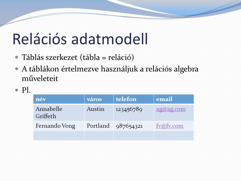 Relációs adatmodell Táblás szerkezet (tábla = reláció)