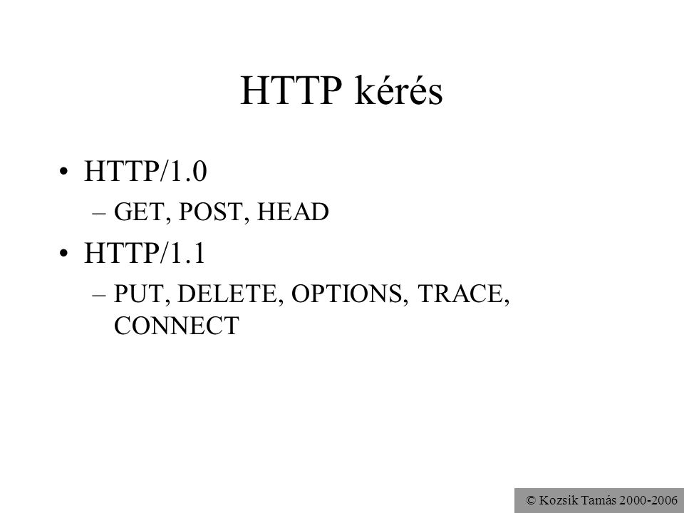 HTTP kérés HTTP/1.0 HTTP/1.1 GET, POST, HEAD