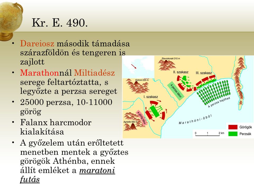 Kr. E Dareiosz második támadása szárazföldön és tengeren is zajlott. Marathonnál Miltiadész serege feltartóztatta, s legyőzte a perzsa sereget.