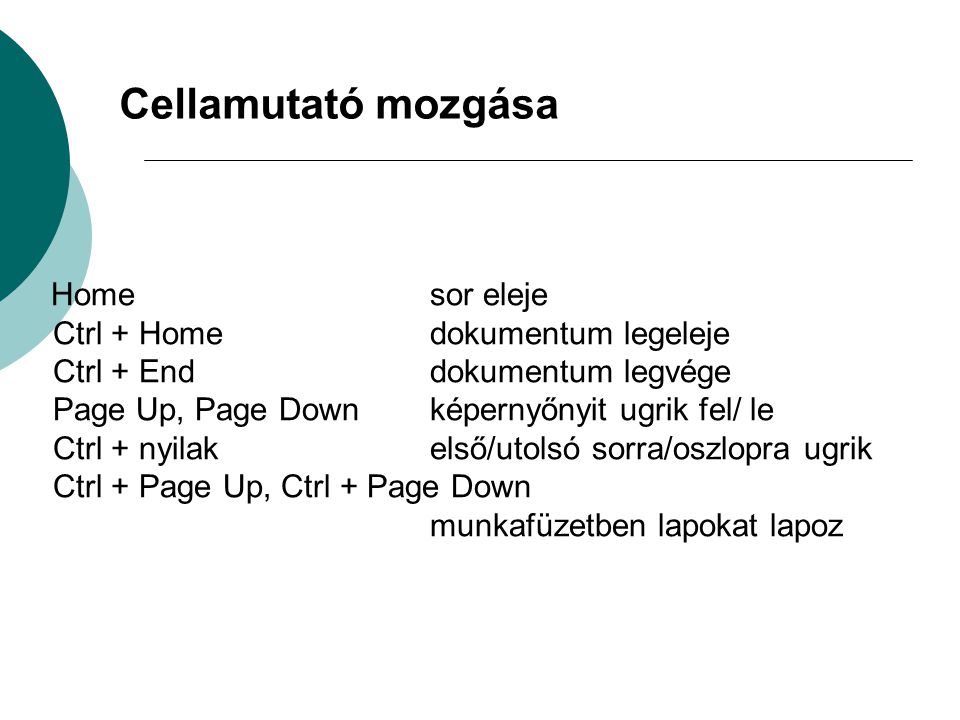 Cellamutató mozgása Ctrl + Home dokumentum legeleje