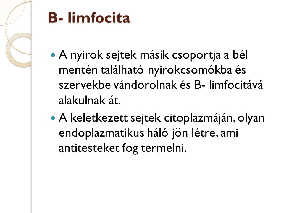 B- limfocita A nyirok sejtek másik csoportja a bél mentén található nyirokcsomókba és szervekbe vándorolnak és B- limfocitává alakulnak át.