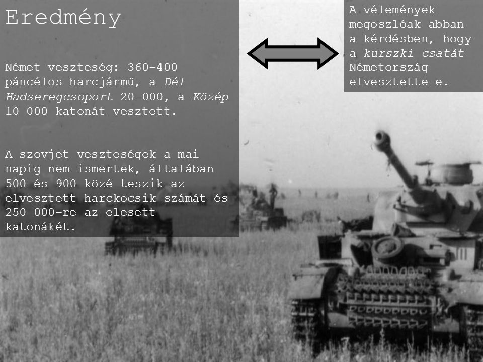 Eredmény Német veszteség: páncélos harcjármű, a Dél Hadseregcsoport , a Közép katonát vesztett.