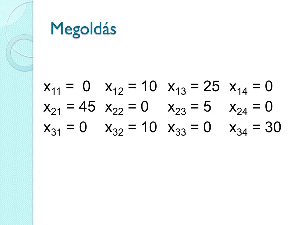 Megoldás x11 = 0 x12 = 10 x21 = 45 x22 = 0 x31 = 0 x32 = 10 x13 = 25