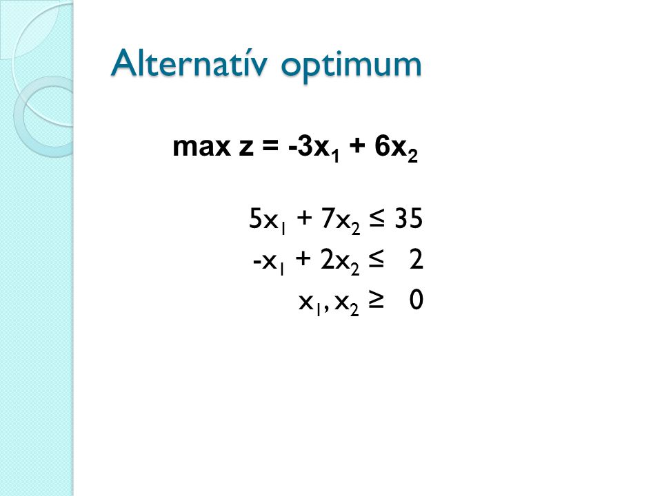 Alternatív optimum max z = -3x1 + 6x2