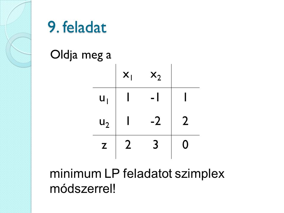 9. feladat Oldja meg a x1 x2 u u z 3