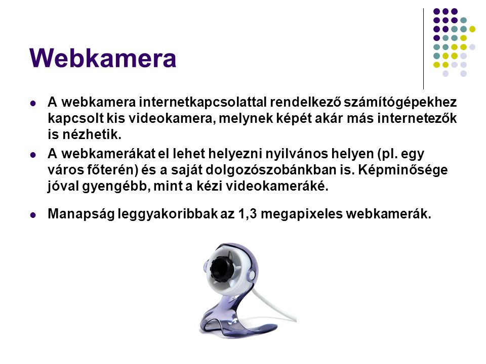 Webkamera A webkamera internetkapcsolattal rendelkező számítógépekhez kapcsolt kis videokamera, melynek képét akár más internetezők is nézhetik.