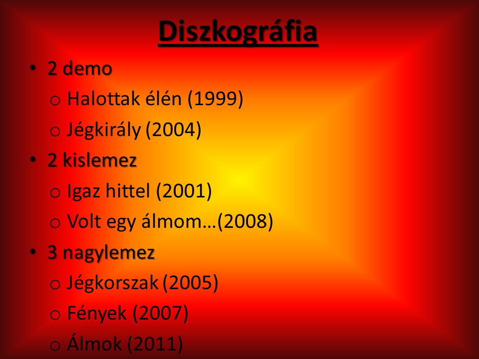 Diszkográfia 2 demo Halottak élén (1999) Jégkirály (2004) 2 kislemez