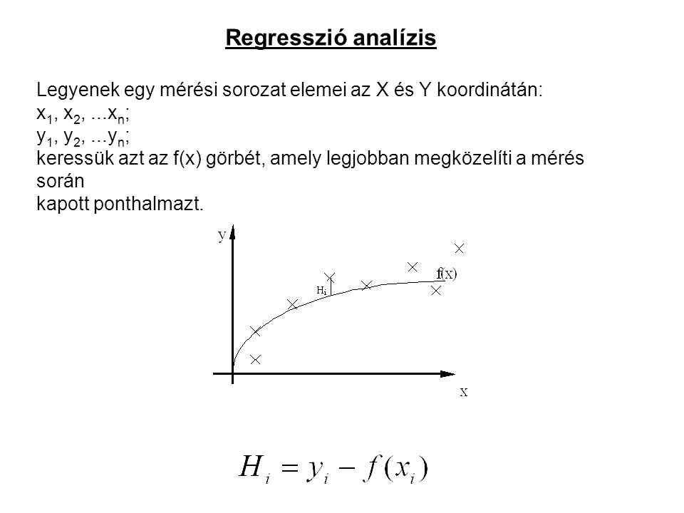 Regresszió analízis Legyenek egy mérési sorozat elemei az X és Y koordinátán: x1, x2, ...xn; y1, y2, ...yn;
