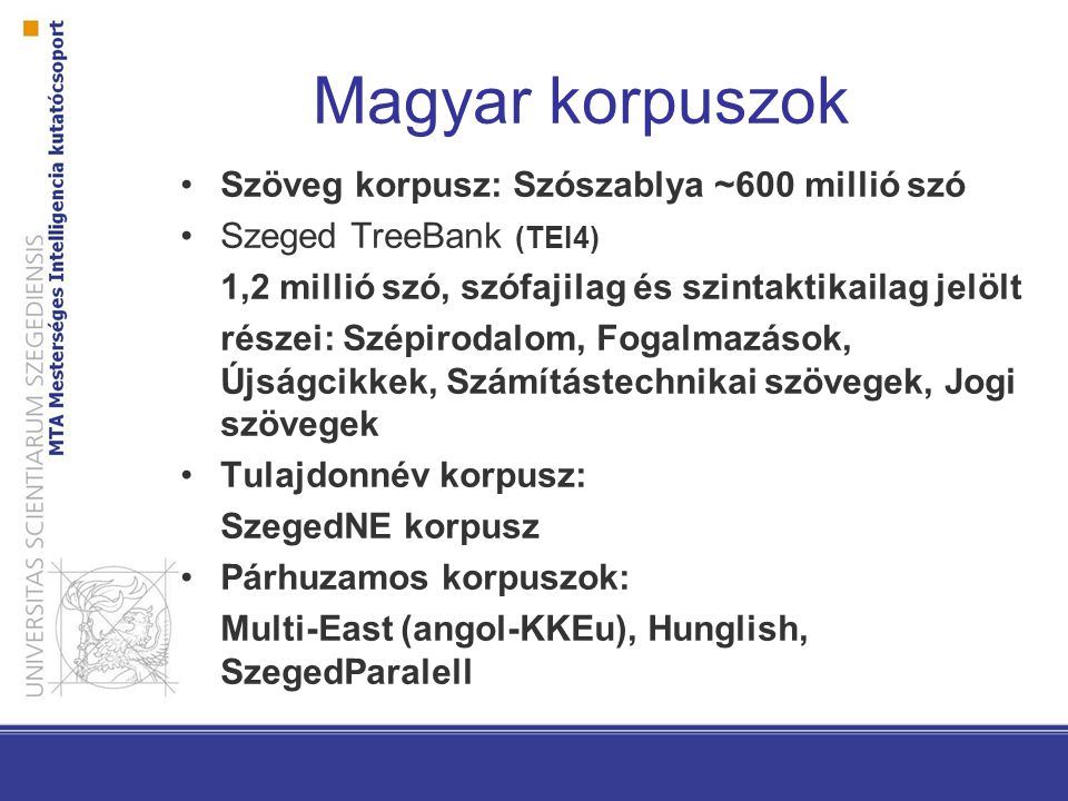Magyar korpuszok Szöveg korpusz: Szószablya ~600 millió szó