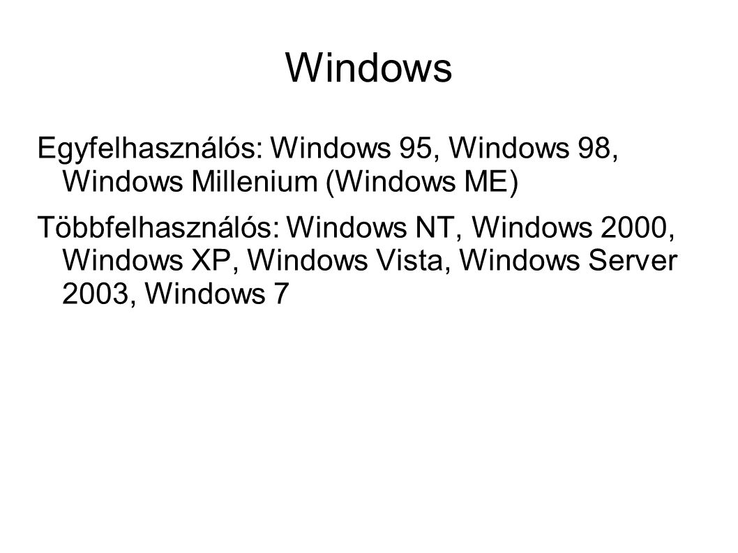 Windows Egyfelhasználós: Windows 95, Windows 98, Windows Millenium (Windows ME)