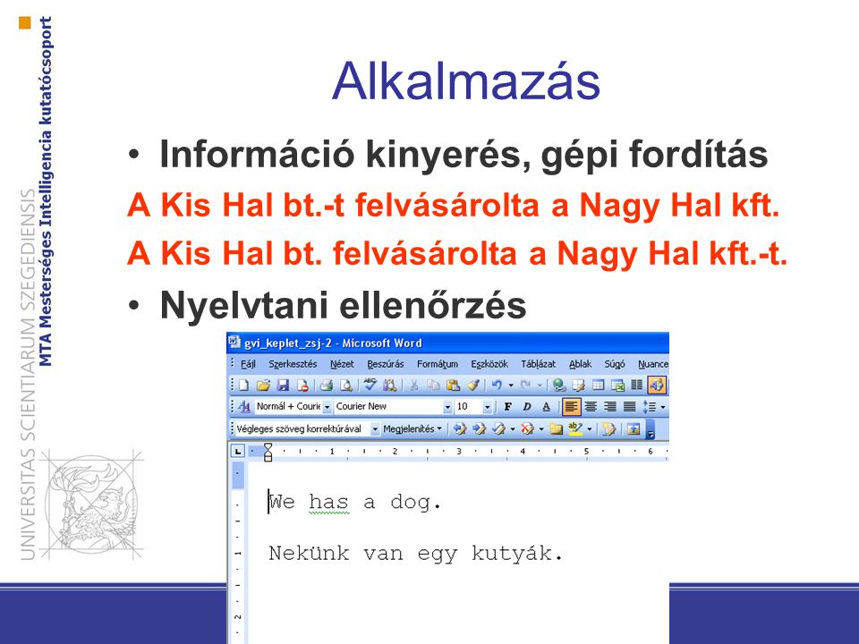 Alkalmazás Információ kinyerés, gépi fordítás Nyelvtani ellenőrzés