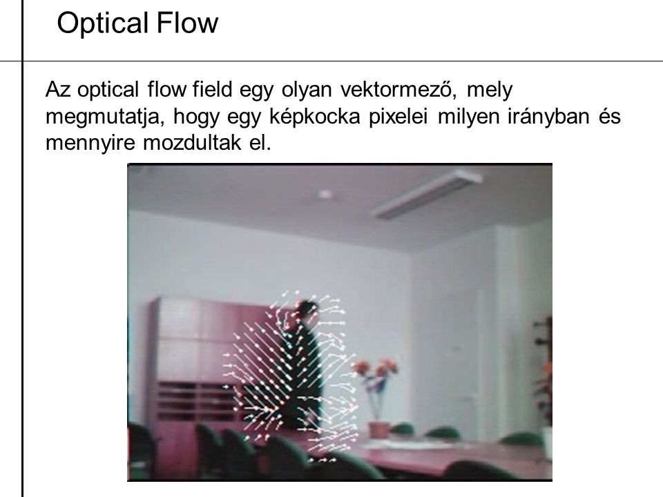 Optical Flow Az optical flow field egy olyan vektormező, mely megmutatja, hogy egy képkocka pixelei milyen irányban és mennyire mozdultak el.