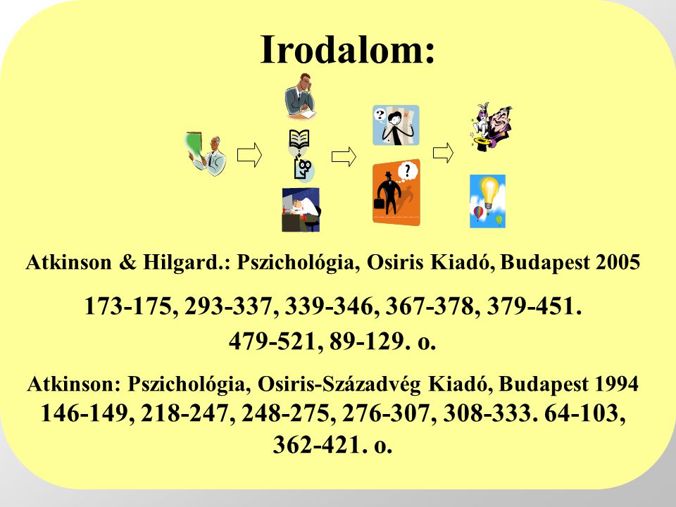 Irodalom: Atkinson & Hilgard.: Pszichológia, Osiris Kiadó, Budapest , , , , , o.