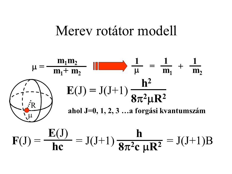 Merev rotátor modell E(J) = J(J+1) h2 8p2mR2 F(J) = E(J) hc h 8p2c mR2