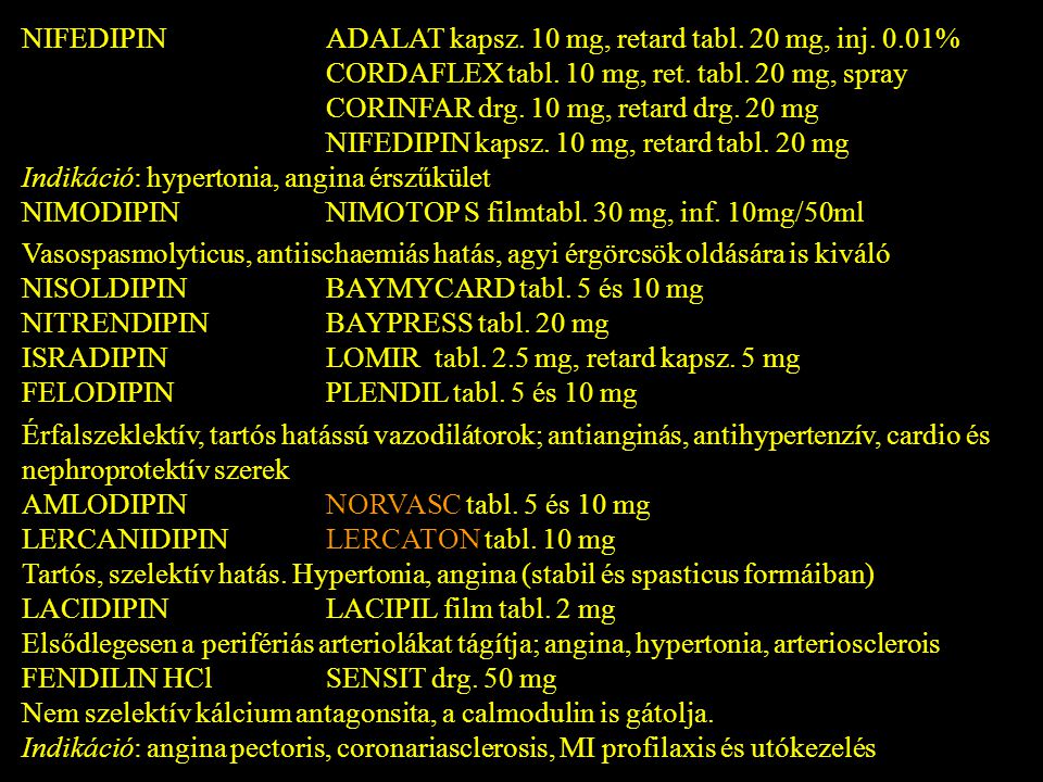 NIFEDIPIN ADALAT kapsz. 10 mg, retard tabl. 20 mg, inj. 0.01%