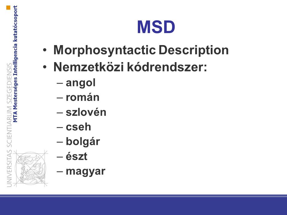 MSD Morphosyntactic Description Nemzetközi kódrendszer: angol román