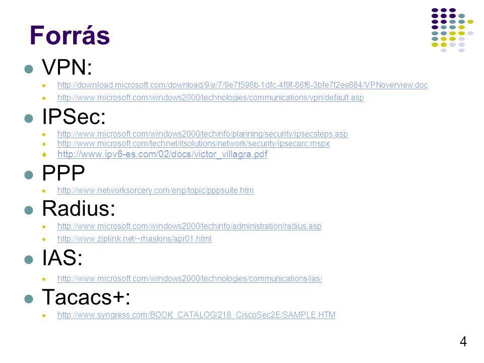 Forrás VPN: IPSec: PPP Radius: IAS: Tacacs+: