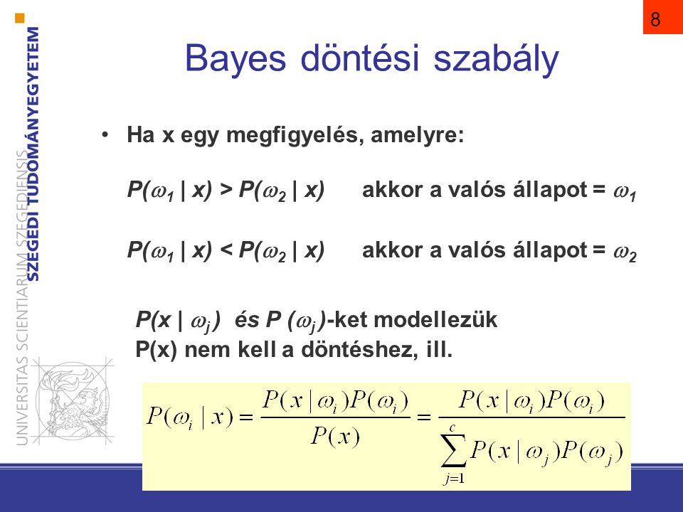 Bayes döntési szabály Ha x egy megfigyelés, amelyre: