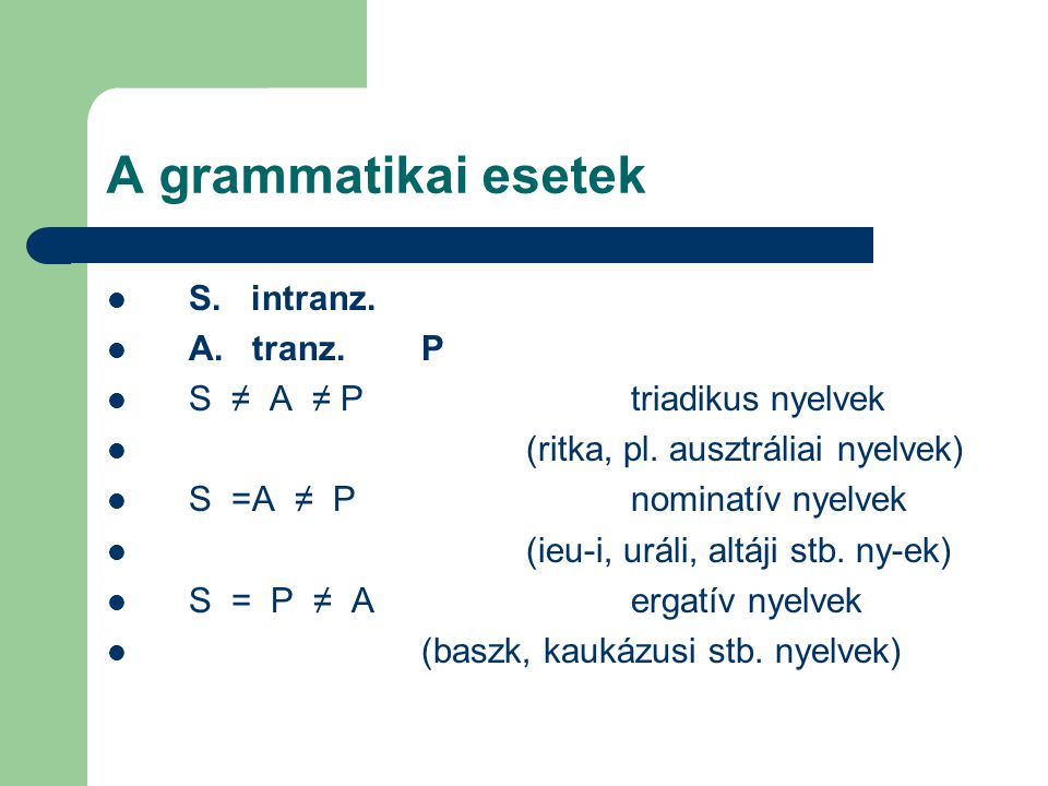 A grammatikai esetek S. intranz. A. tranz. P