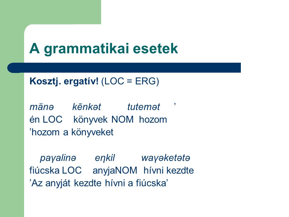 A grammatikai esetek Kosztj. ergatív! (LOC = ERG)