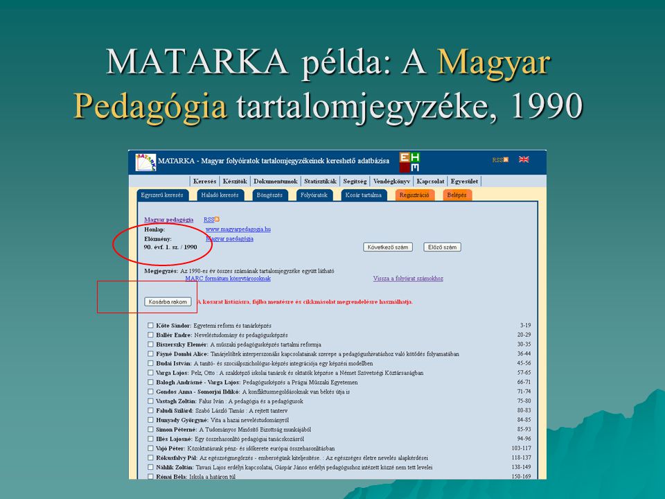 MATARKA példa: A Magyar Pedagógia tartalomjegyzéke, 1990