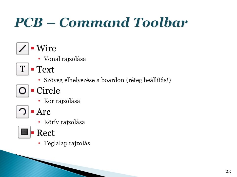 PCB – Command Toolbar Wire Text Circle Arc Rect Vonal rajzolása